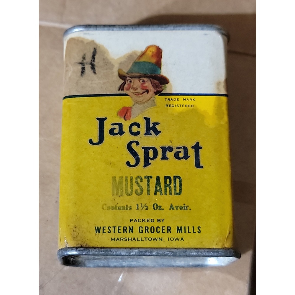 Vintage Jack Sprat Mustard Tin Western Grocer Mills Collectible Advertising